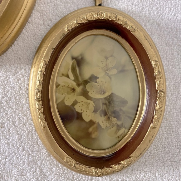 Vintage Floral Oval Wall Art Set W Gold Tone Chunky Frames x2 - Picture 4 of 10